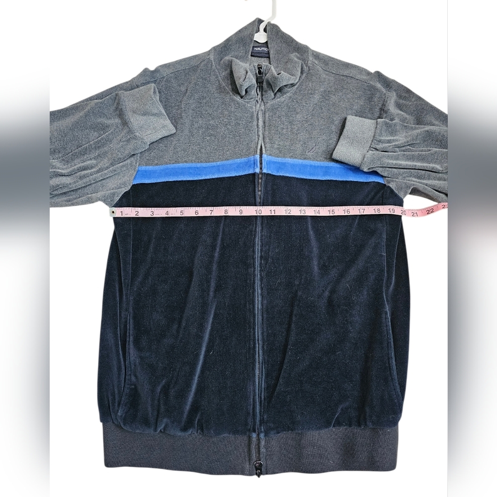 Nautica Men L Velour Track Jacket Grey Black Blue Colorblock Archival Statement - Picture 7 of 7
